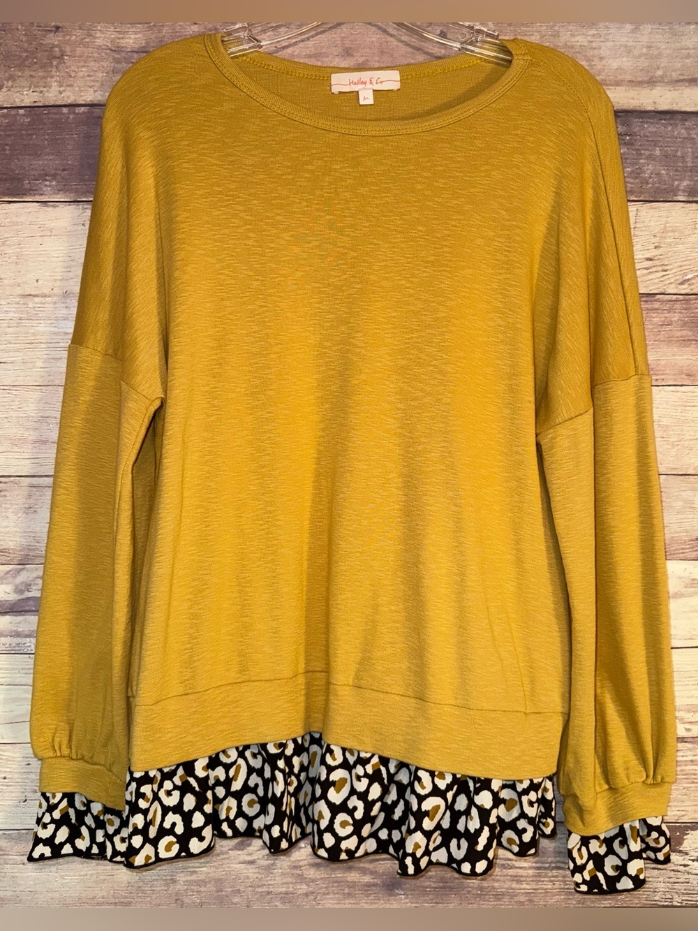 Women's Mustard Layered Hem Blouse with Animal Print Trim